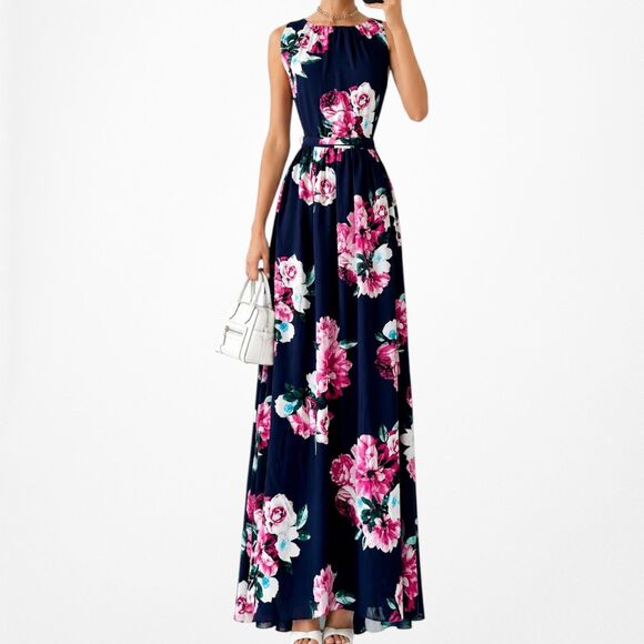American Vintage Dresses & Skirts - Vintage Y2K Sleeveless Navy Blue Pink Floral Flared Waist Tie Maxi Dress Size M